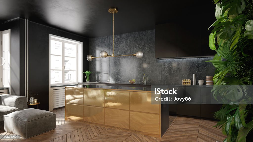 Modern black and gold kitchen interior design 3d render Kitchen Stock Photo