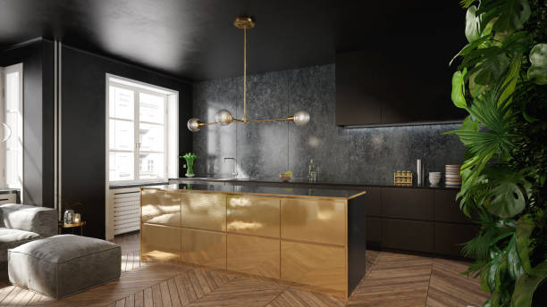 Modern black and gold kitchen interior design 3d render classic metal stock pictures, royalty-free photos & images
