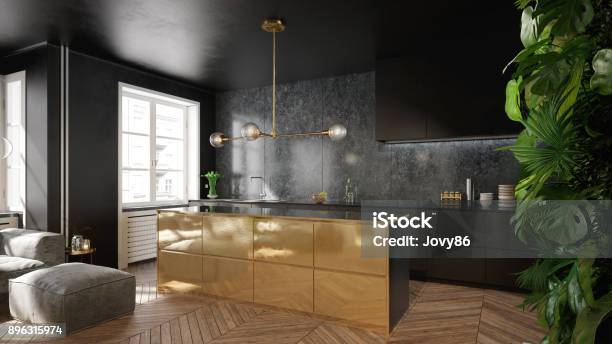 Modern Black And Gold Kitchen Interior Design Stock Photo - Download Image Now - Kitchen, Gold - Metal, Modern