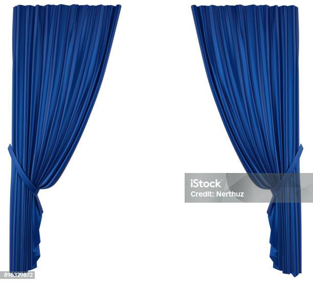 Blue Theatre Curtain Isolated Stock Photo - Download Image Now - Curtain, Blue, Stage Theater