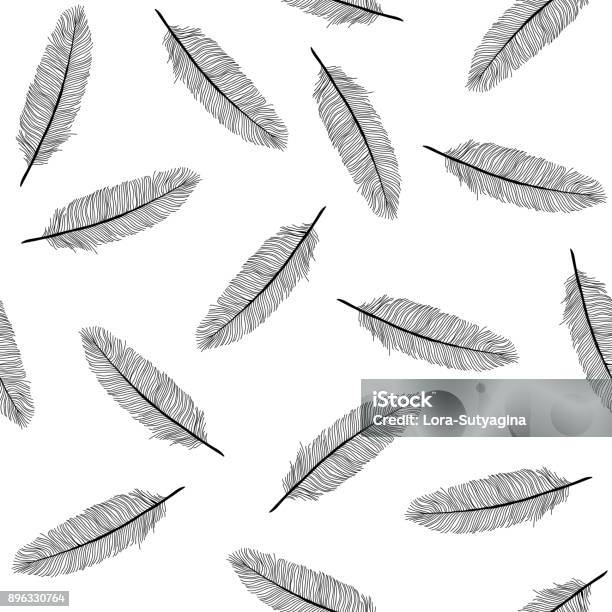 Bird Feathers Black And White Seamless Pattern Stock Illustration - Download Image Now - Feather, Pattern, Textured