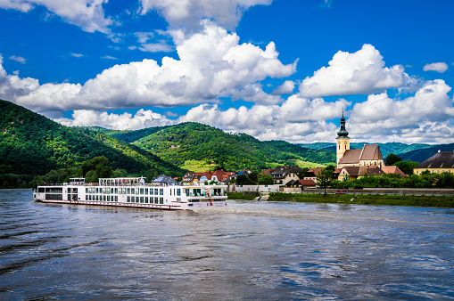Durnstein, Austria-June 1, 2016-The luxury river cruise ship \