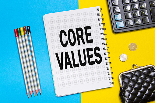 Core Values Notebook Notebook With Notes Core Values With Office Tools On A Blue An Yellow ...