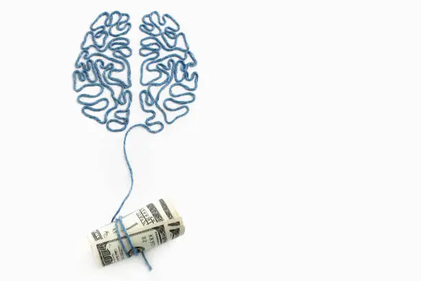 Photo of Brain and money connected by a thread on a white background