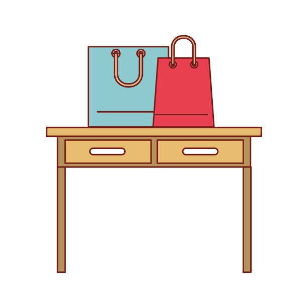 desk table with drawers front view with shopping bags above in colorful silhouette desk table with drawers front view with shopping bags above in colorful silhouette vector illustration trapezoid-shape-silhouette stock illustrations