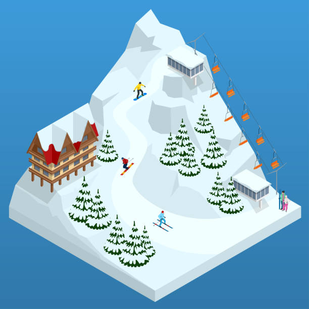 Ski resort, slope, people on the ski lift, skiers on the piste among white snow pine trees and hotel. Winter holiday web banner design. Vector isometric illustration. Ski resort, slope, people on the ski lift, skiers on the piste among white snow pine trees and hotel. Winter holiday web banner design. Vector isometric illustration france village blue sky stock illustrations