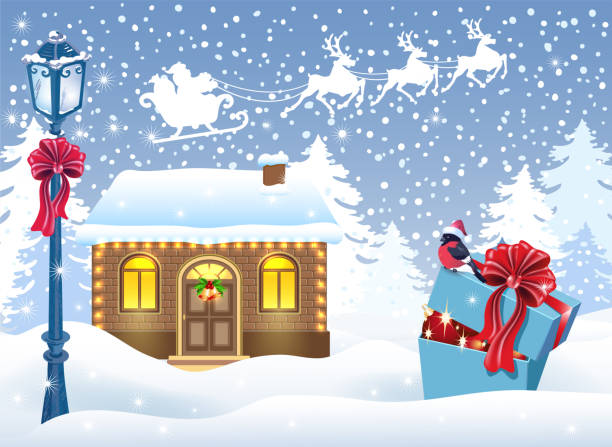 Christmas card with Santa's workshop and gift box against winter forest background and Santa Claus in sleigh with reindeer team Christmas card with Santa's workshop and gift box against winter forest background and Santa Claus in sleigh with reindeer team. New Year design postcard. bell sleeve stock illustrations