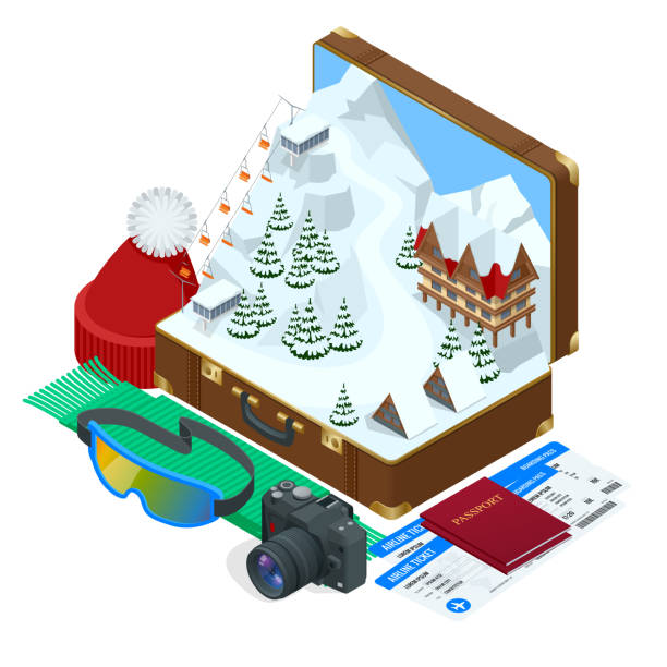 Ski resort, slope, people on the ski lift, skiers on the piste among white snow pine trees and hotel. Winter holiday web banner design. Vector isometric illustration. Ski resort, slope, people on the ski lift, skiers on the piste among white snow pine trees and hotel. Winter holiday web banner design. Vector isometric illustration france village blue sky stock illustrations