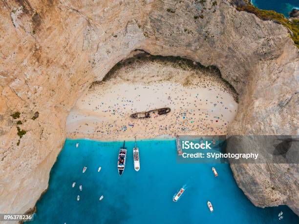View From The Air On The Well Known Navagio Shipwreck Beach Stock Photo - Download Image Now