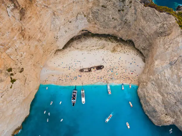 View from the air on the Well Known Navagio Shipwreck Beach full of people, Greece