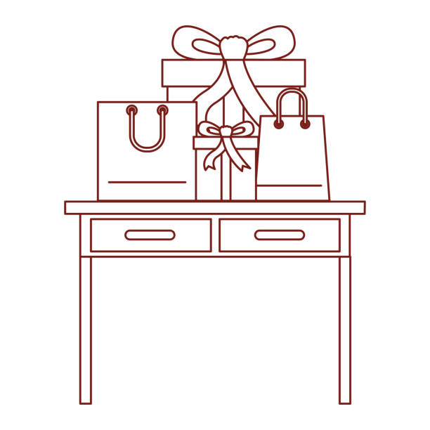 desk table with drawers front view with gifts box and bags above in dark red contour desk table with drawers front view with gifts box and bags above in dark red contour vector illustration trapezoid-shape-silhouette stock illustrations