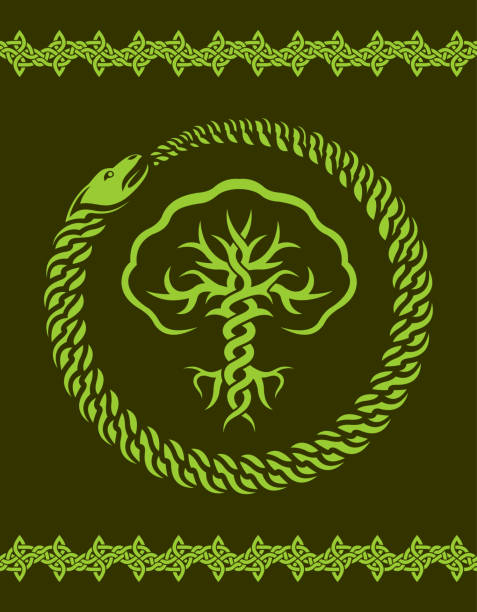 celtycki wzór z drzewem i wężem - ancient old traditional culture inside of stock illustrations