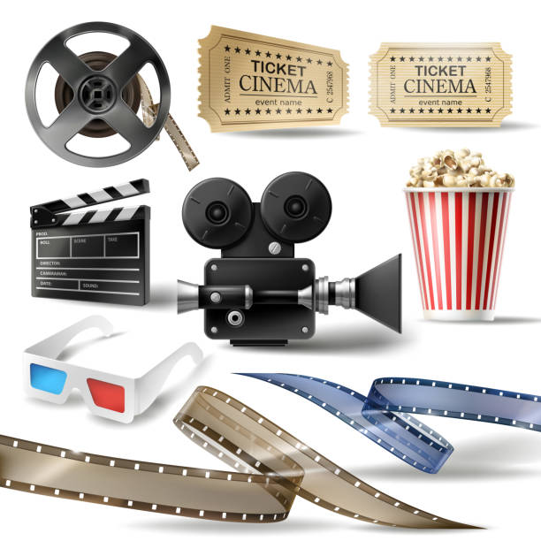 Cinema clipart of 3D realistic objects Cinema set of 3D realistic objects bucket with popcorn, reel, tape, glasses, camcorder, movie tickets and clapperboard. Vector colorful design elements of film industry isolated on white background film premiere stock illustrations