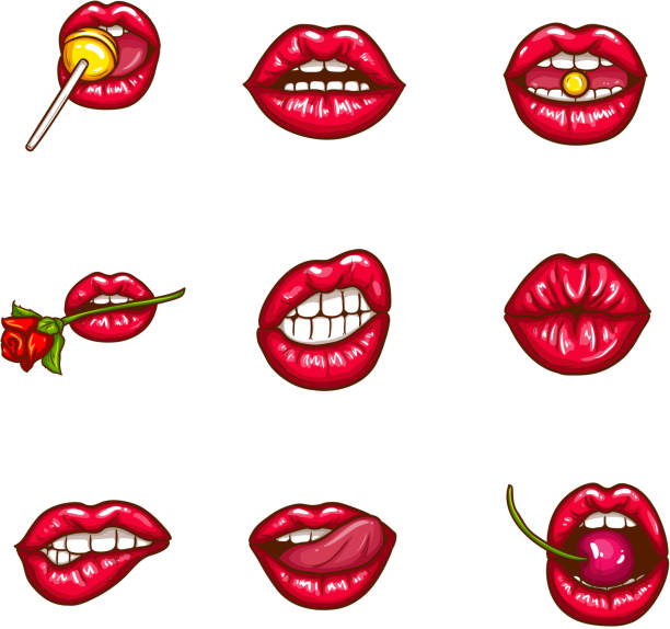 набор сексуальных женских губ в красной глянцевой помаде - sexy lips stock illustrations