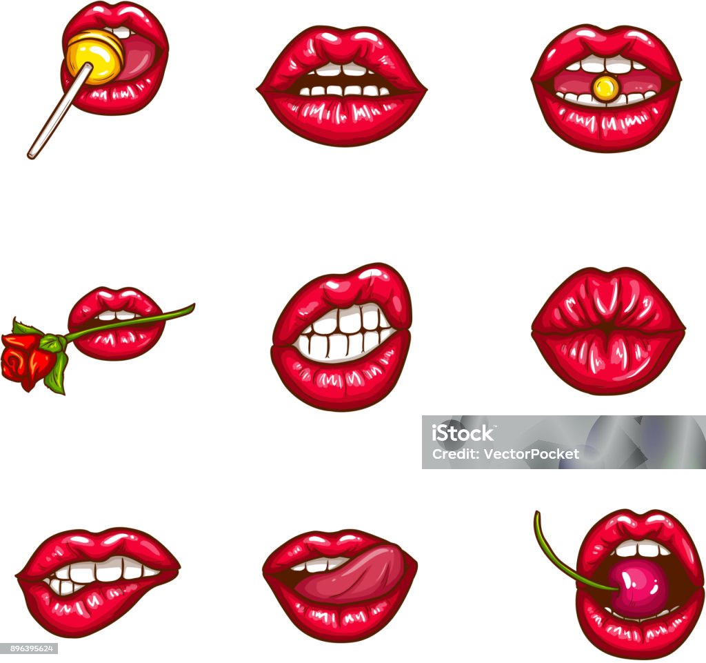 Set of sexy female lips in red glossy lipstick Set of sexy female lips in red glossy lipstick, seductive, kissing, bitten, with tongue, lollipop, cherry, rose, candy. Glamour mouths isolated on white background. Pop art style vector illustration Human Lips stock vector