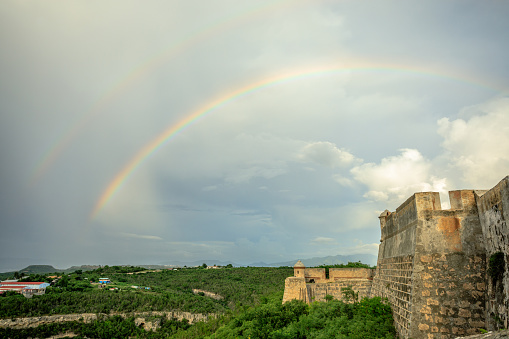 Double rainbow over San Pedro De La Roca castle walls, Santiago De Cuba, Cuba