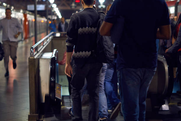 Passengers disembarking in the rush of the subway at the Light Station in São Paulo. stock photo