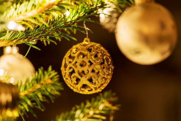 istock Christmas balls, traditional decorations for xtmas tree, gold white combination 896432834