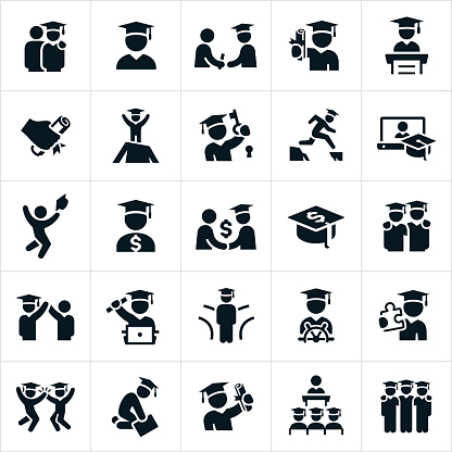 As set of icons showing graduates symbolizing many different concepts and in different situations.