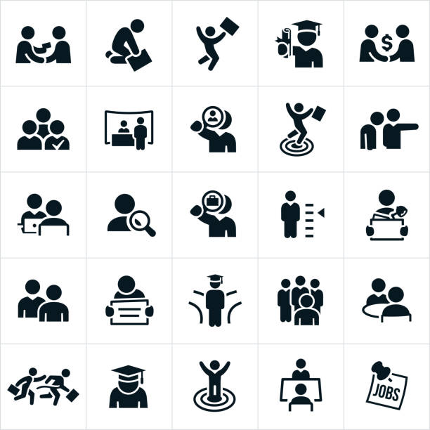 Hiring and Employment Icons A set of employment related icons. The icons show HR managers hiring, people being hired, job loss, job success, job fair, searching for employment, unemployment, job interview and graduates to name just a few of the employment issues symbolized. interview event symbols stock illustrations