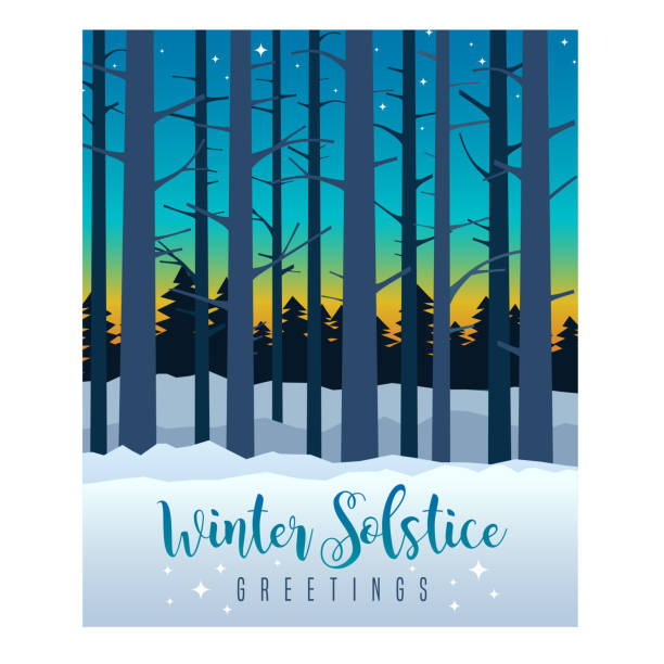 Winter Solstice card. Evening sky with sunset and stars behind silhouette of tall bare trees. Winter Solstice greeting card design. Colorful evening sky with sunset and stars behind silhouette of tall bare trees. Vector Illustration. winter solstice  stock illustrations