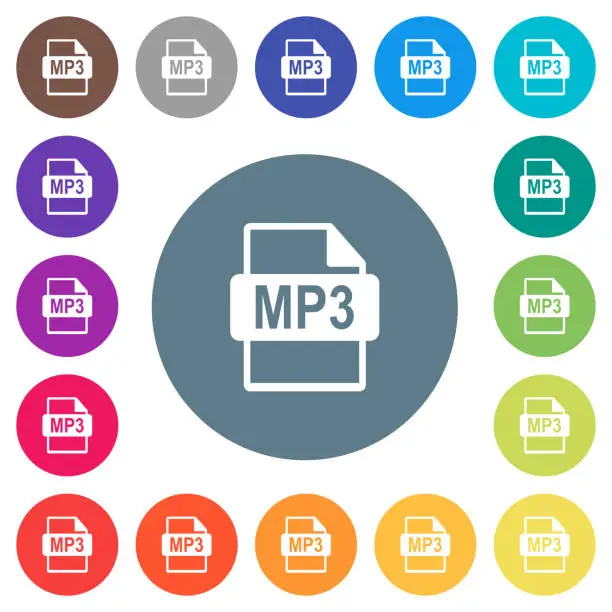 Vector illustration of MP3 file format flat white icons on round color backgrounds