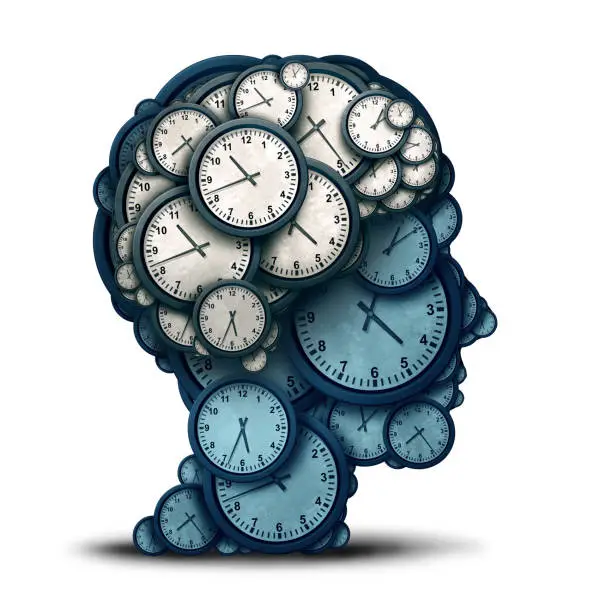 Time management mind and business scheduling or deadline planning as a human brain made of clock objects as a 3D illustration.
