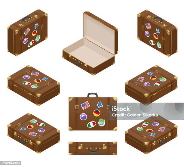 Isometric Set Of Travel Suitcases With Stickers Stock Illustration - Download Image Now - Briefcase, Suitcase, Isometric Projection