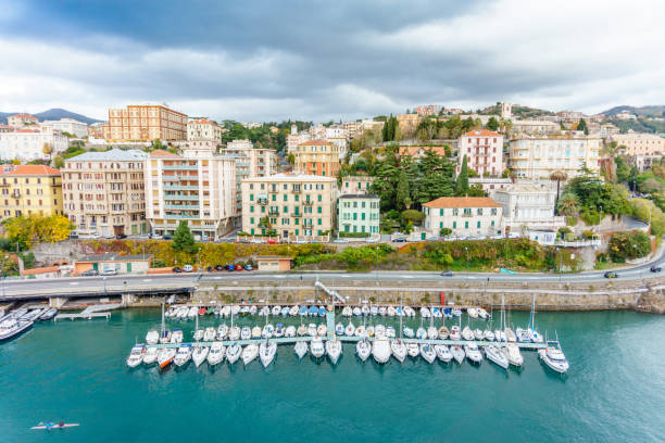 Marina and city top view, Savona, Italy stock photo