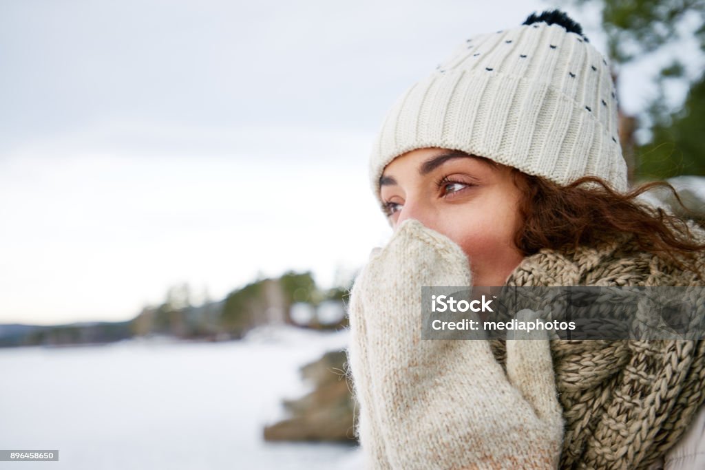 Pensive woman blowing on hands in winter Introspective beautiful young woman warming up nose with mittens while walking in forest Women Stock Photo