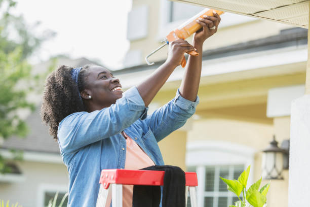 istock Woman on ladder outside house doing repairs 896458686