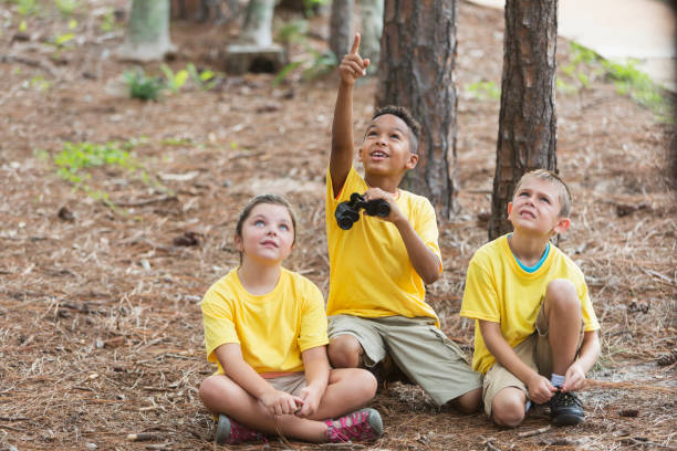 odkrywanie przyrody na obozie letnim - little boys discovery binoculars child zdjęcia i obrazy z banku zdjęć