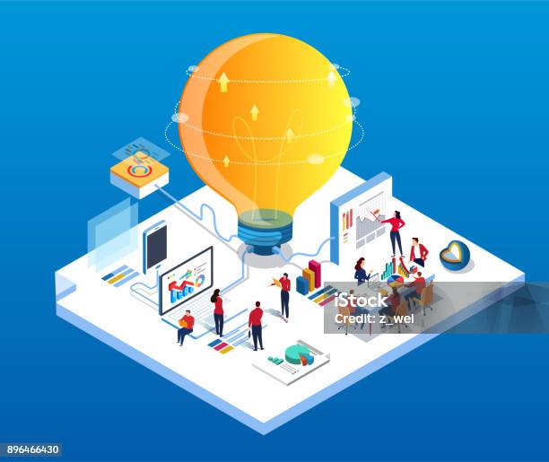 Creativity And Team Data Conference Stock Illustration - Download Image Now - Innovation, Business, Isometric Projection