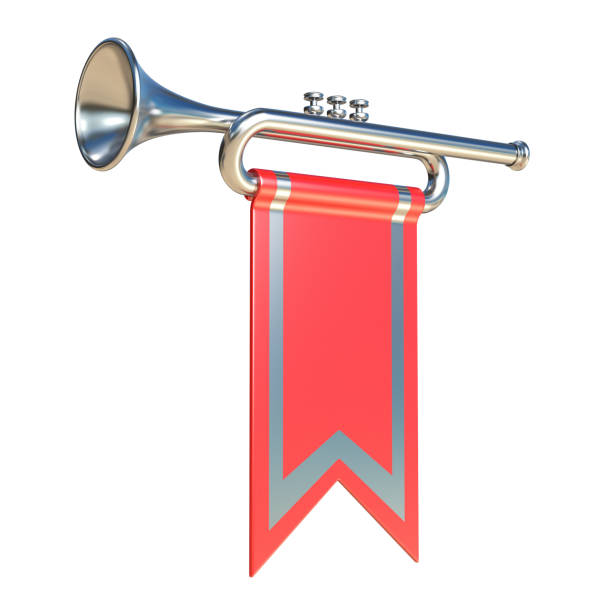 istock Fanfare silver trumpet and red flag 3D 896492174