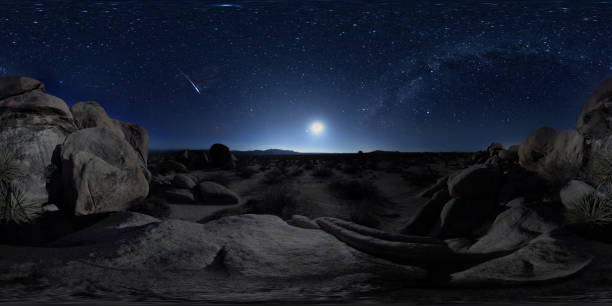 360° View of Perseid Meteor Shower 360° view of Perseid Meteor Shower in Mojave Desert 360 degree view photos stock pictures, royalty-free photos & images