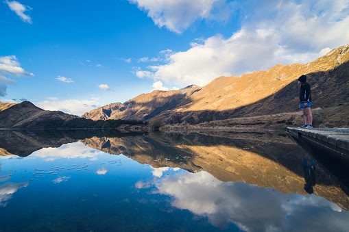 Panoramic view of beautiful Ice lake near Silverton, Colorado on rocky mountain peak and panorama reflection of summer landscape with nobody and green grass blue sky