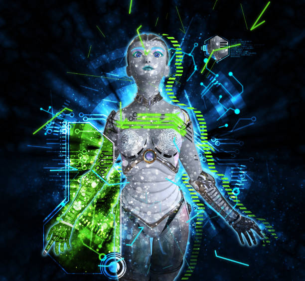 istock Female cyborg on techno background 3d illustration 896508366