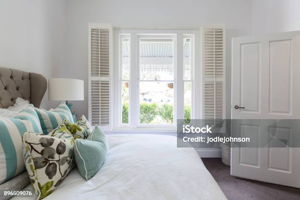 Bedroom Window With A Garden View In A Luxury Country House Bedroom Stock Photo - Download Image Now