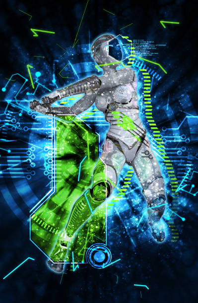 istock Female cyborg on techno background 3d illustration 896515116