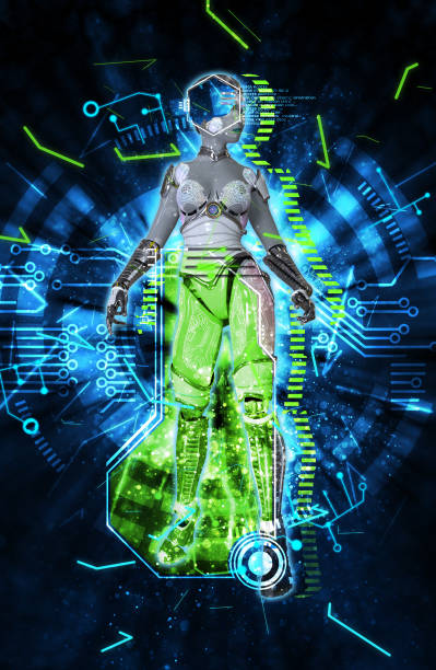 istock Female cyborg on techno background 3d illustration 896517152
