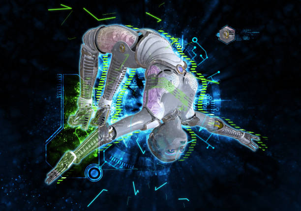 istock Female cyborg on techno background 3d illustration 896531570