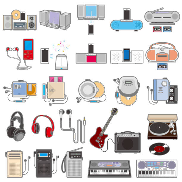illustrations, cliparts, dessins animés et icônes de illustration de divers appareils électriques / musiques - cd player