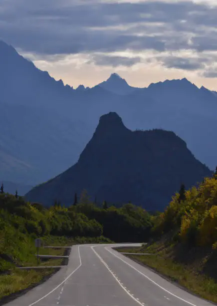 Chugach Mountains seen from the Glenn Highway along the Matanuska Valley. Iconic Lion Rock ahead. Alaska.