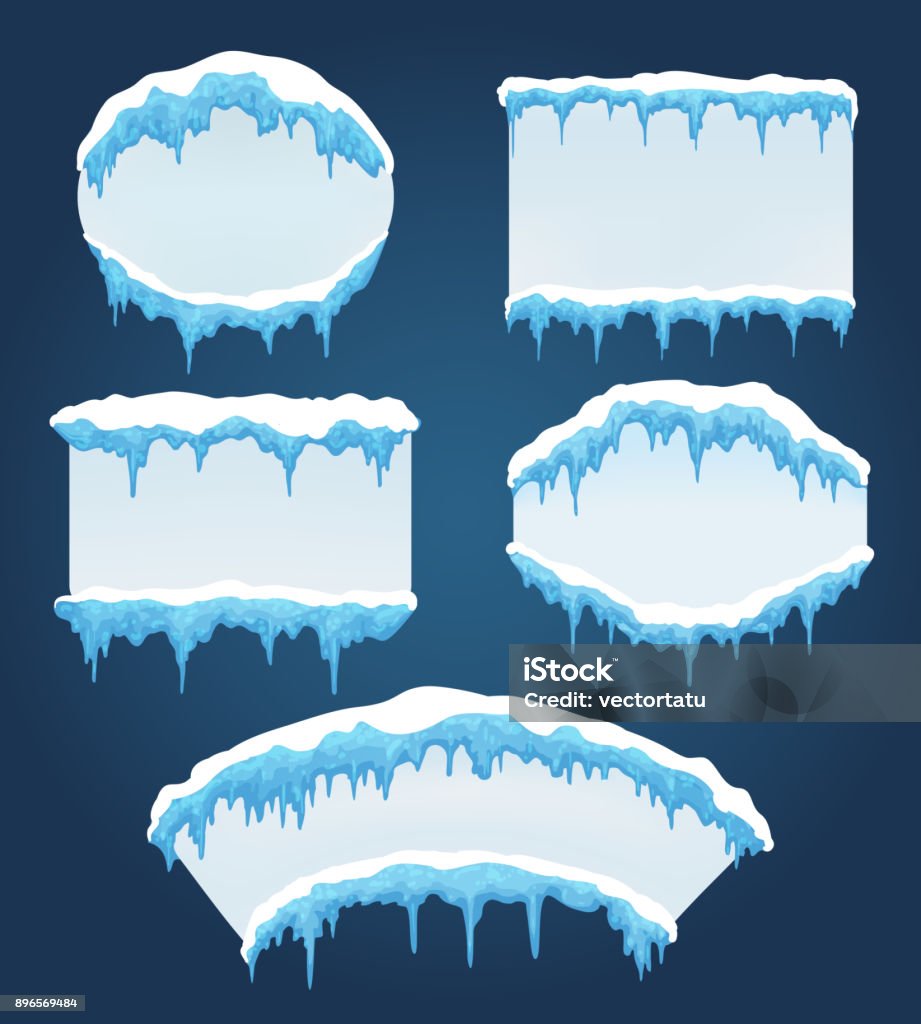 Icicles boards for sale Icicles boards. Vector frozen ice icicle frames for sale or winter school isolated on blue background Ice stock vector