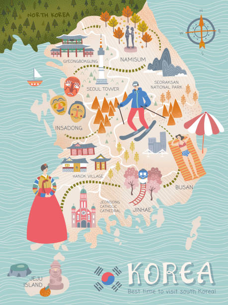 한국 여행 지도 - south korea stock illustrations