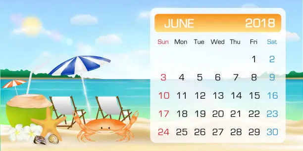 Vector illustration of calendar of JUNE 2018 theme summer beach relax