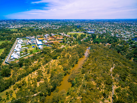 Aerial view of Melbourne Polytechnic and Yarra River, Australia