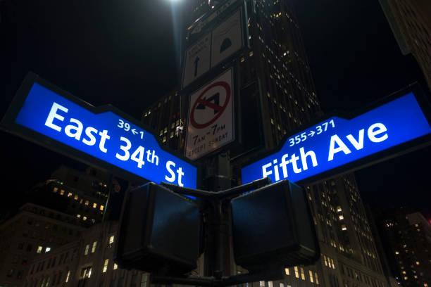 Manhattan lighted street signs blue and white