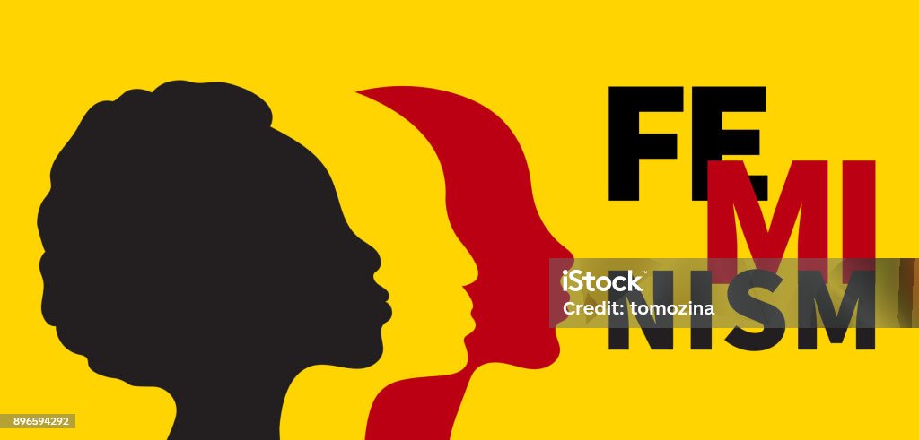 Banner of feminism Banner of feminism. Profile of three women of different races on yellow background. Female international movement. Vector illustration Women stock vector