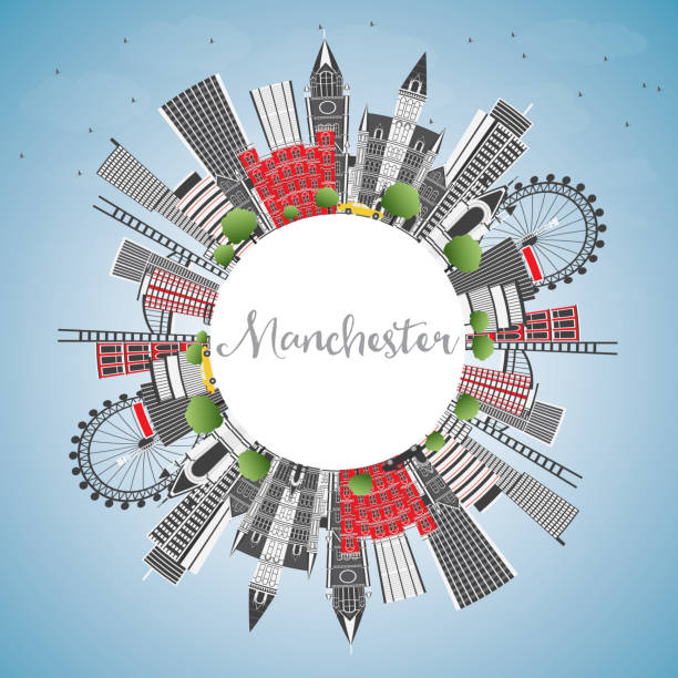 회색 건물, 푸른 하늘 및 복사 공간 맨체스터 영국 도시의 스카이 라인. - manchester city stock illustrations